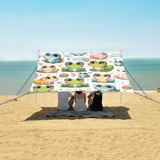 ALAZA Cartoon Frog Cute Animal Beach Tent Sun Shelter UPF50+ Protection Beach Shade Canopy w/ 4 Sandbags for Outdoor Camping Fishing Backyard Fun Picnic 10x9 ft