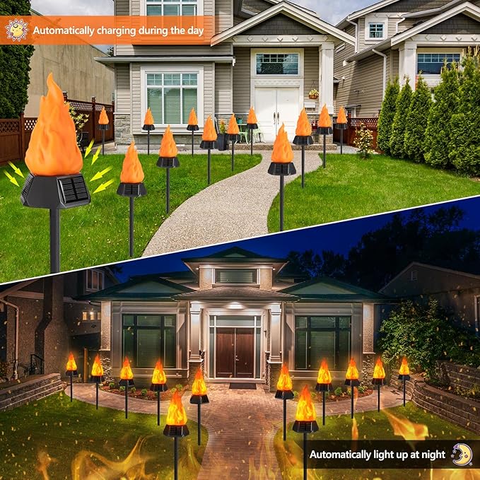 Toodour Solar Outdoor Torch Lights with Flickering Flame Solar Pathway Decorative Lights Waterproof LED Flame Torches for Outdoor Camping Garden Landscape Patio Path Yard Decorations - 8 Pack