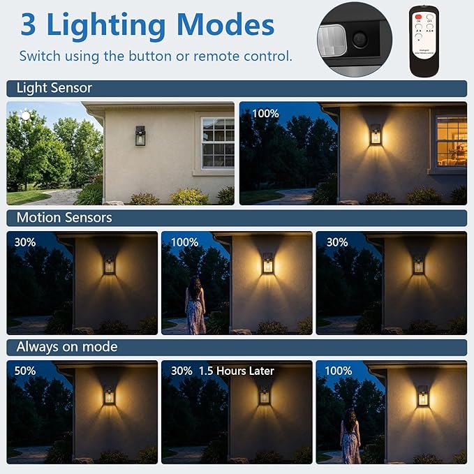 Solar Wall Lights Outdoor Set of 2 Solar Porch Lights with 3 Lighting Modes &amp Motion Sensor Dusk to Dawn Solar Porch Sconces Wall Sconce Lantern Light Fixture Black Wall Lamps for Patio Front