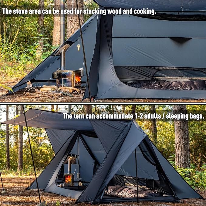 POMOLY Hot Tent Bushcraft Tent STOVEHUT 20 Ultralight Shelter with 4 Poles for 1-2 Person Camping Hiking Backpacking (Blue Grey)