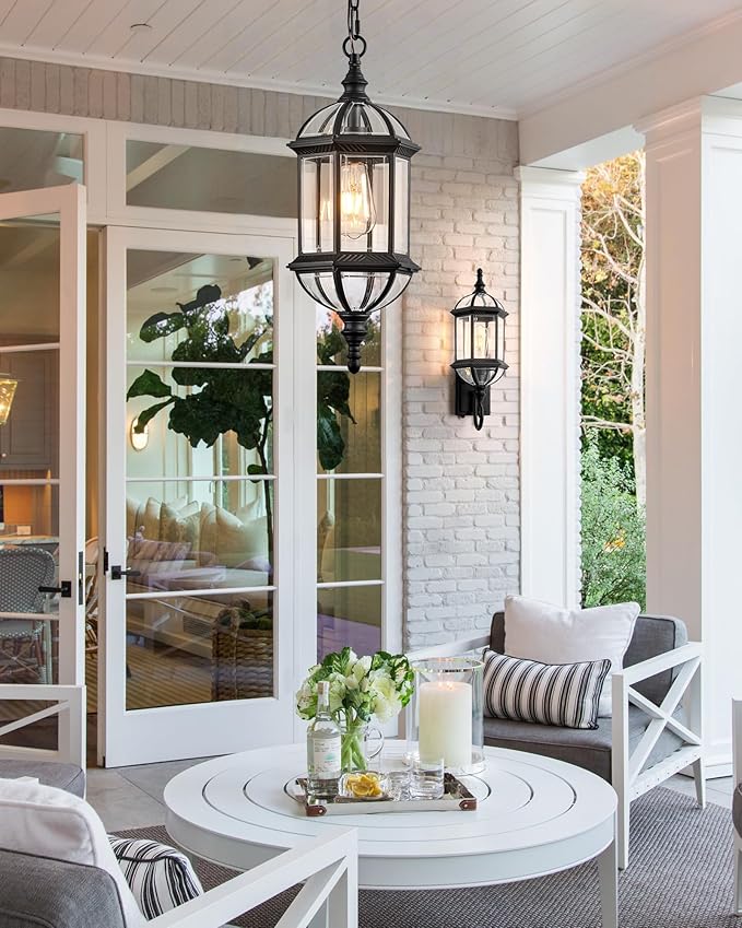 VIANIS 20 Large Outdoor Pendant Light Black Outdoor Chandelier for Porch with Tempered Beveled Glass 1-Light Adjustable Outdoor Chandelier for Entryway Gazebo Anti-Rust 100% Aluminum