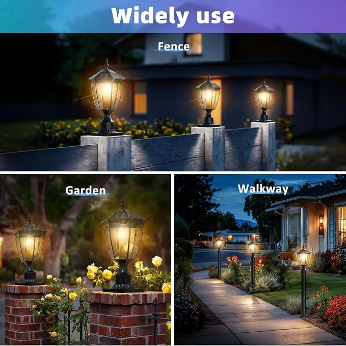 Solar Post Lights with Pier Mount Base 17.3'' H 2700K Solar Lamp Post Light Waterproof Dusk to Dawn Pole Lights Outdoor for Garden Patio Yard Pathway Gate Remote Control Black(Warm White)