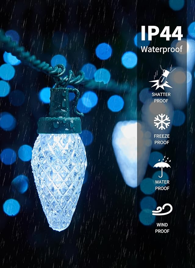 C9 LED Christmas Lights Outdoor 68 Ft 100 LED C9 String Light with 100 All in One Clips Connectable Waterproof Christmas Tree Lights for Outside Roofline Backyard Garden Decor Pure White 2 Pack