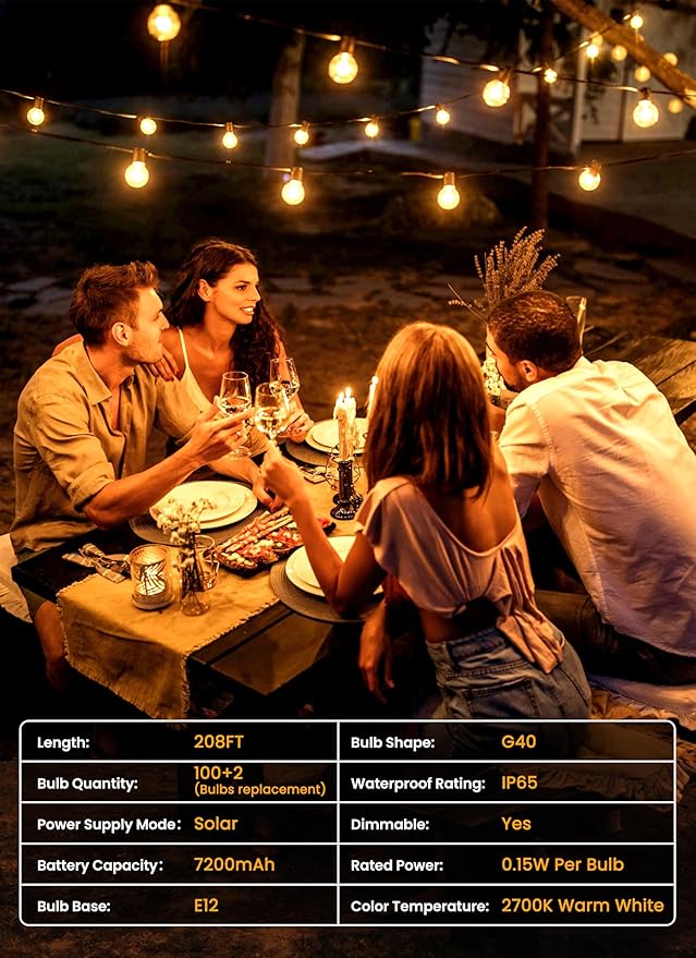 Brightown 208FT Solar String Lights Outdoor with Remote and 102 LED Shatterproof Bulbs Dimmable &amp Timable 3 Light Modes Solar Patio String Lights Outdoor for Cafe Garden Deck Outside Wedding