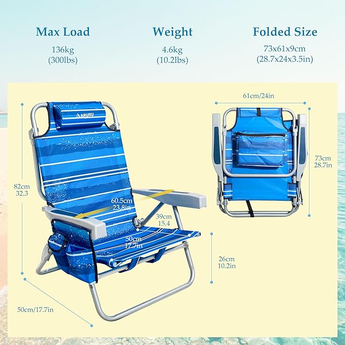 Beach Chairs for Adults 2 Pack Portable Folding Backpack Beach Chair Heavy Duty 5-Position Lay Flat with Cooler Bag Cup Holder for Outdoor/Lawn/Picnic/Camping