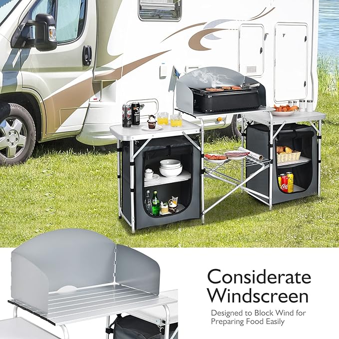 Goplus Folding Camping Kitchen Table with Storage Aluminum Portable Outdoor Cooking Table with Windscreen Foldable Camp Table Cook Station for BBQ Grill Party Picnics