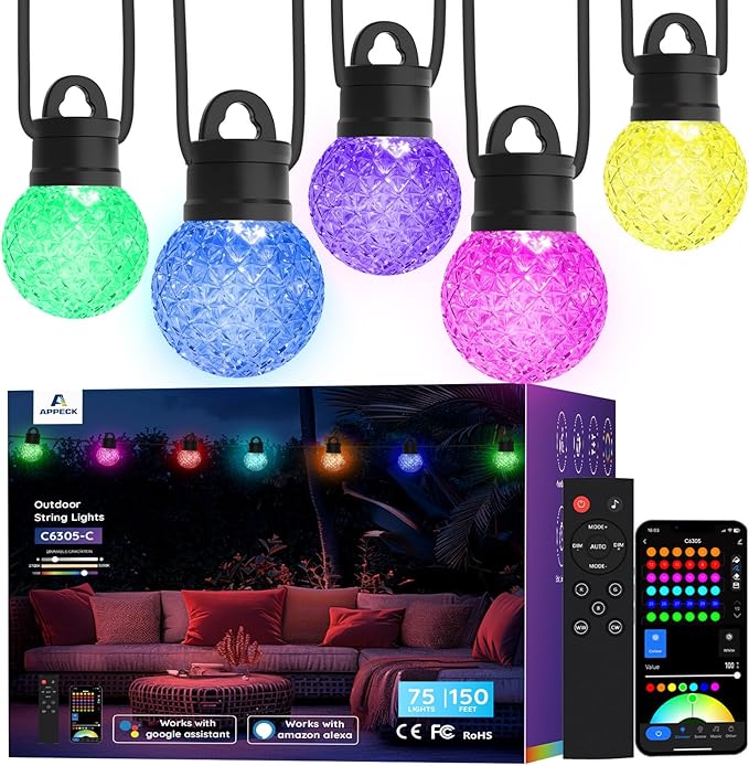 APPECK Outdoor String Lights 150ft RGBW Color Changing Patio Lights with 75 Dimmable LED Bulbs 111 Scene Modes IP65 Waterproof Lighting for Outside Party Backyard Pool Compatible with Alexa