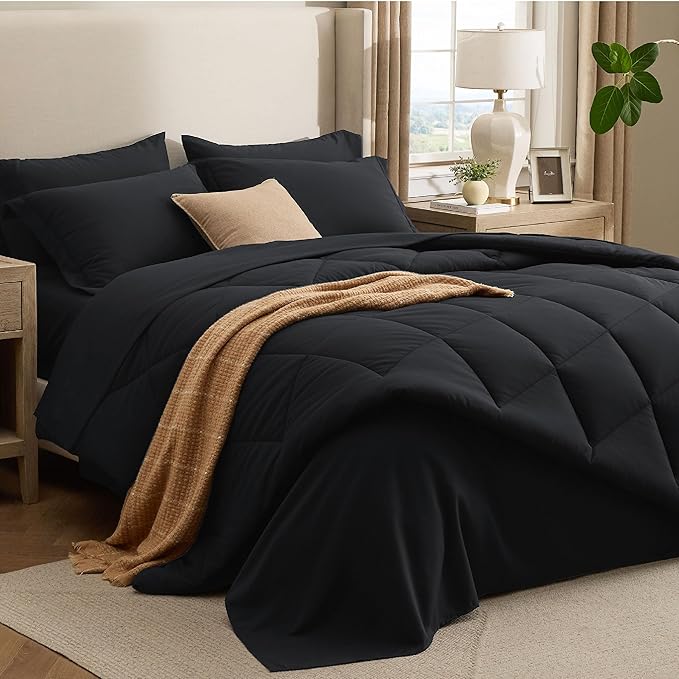 Bedsure Premium Series 7 Piece Black Full Comforter Set Goose Down Alternative All Season Medium Warmth Soft Hotel Luxury Bed in a Bag Safe for Sensitive Skin Includes Sheets Pillowcases &amp Sh