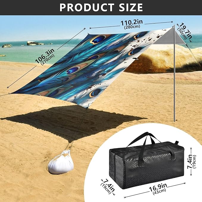 Peacock FeatherCamping Sun Shelters 9.2 x 10.5 FT Beach Canopy Tent Sun Shade with Carrying Bag for Camping Trips Fishing Backyard Fun or Picnics 21340480