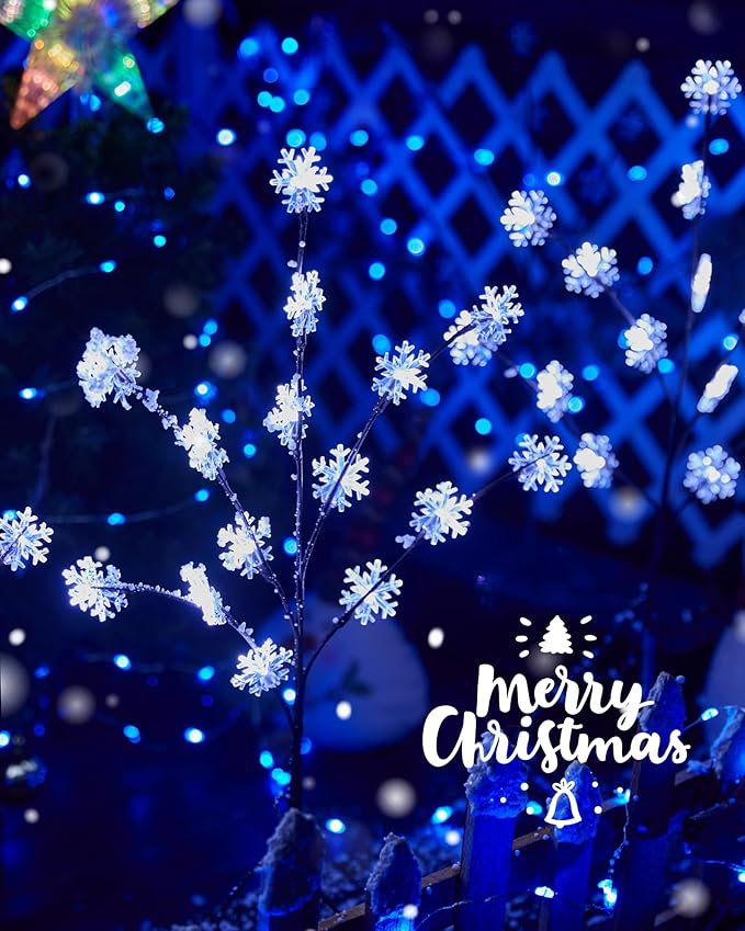 Brightown Snowflake Lights Outdoor Pathway 8 Packs Lighted Branches Christmas Yard Decor Small Tree with Lights Twig Branch Outdoor Christmas Decorations Pure White