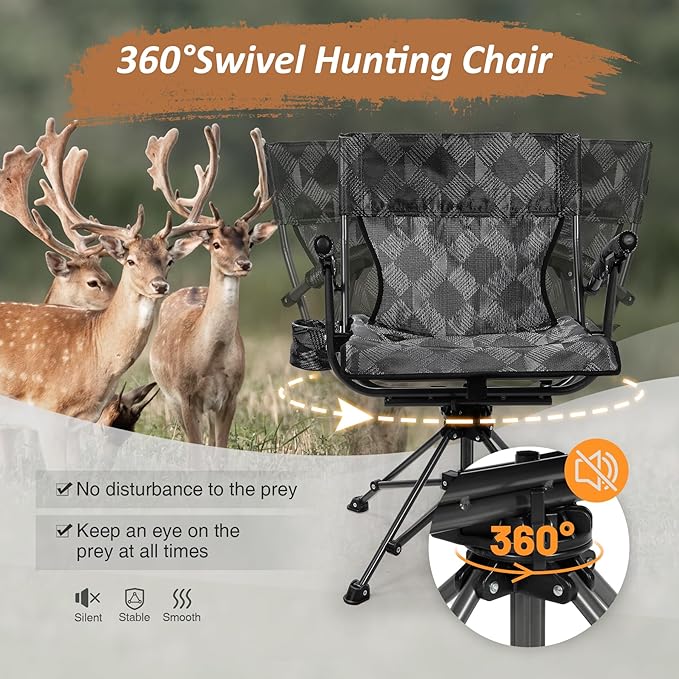 REDCAMP 360° Swivel Hunting Chairs for Ground Blinds Portable Folding Camping Chairs for Adults Hunting Seats with Hard Arms for Fishing Camping Black