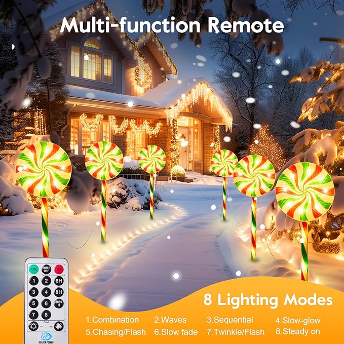 Brightown 6 Pack Lollipop Christmas Pathway Lights Outdoor - 27IN 120 LED Candy Cane Lights with 8 Lighting Modes Waterproof Christmas Light Outdoor Decoration for Lawn Walkway Warm White