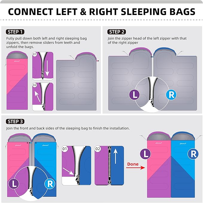 Clostnature Sleeping Bag for Adults and Kids - Lightweight Camping Sleeping Bag for Girls Boys Youths Ultralight Backpacking Sleeping Bag for Cold Weather - Compression Sack Included(Right Zipper)