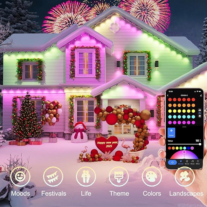 50FT Permanent Outdoor Light with 36 LED Lights Smart RGB Color-Changing Eaves Lights Waterproof Exterior Lights for House Trim App Control Perfect for ChristmasHolidaysDaily Lighting