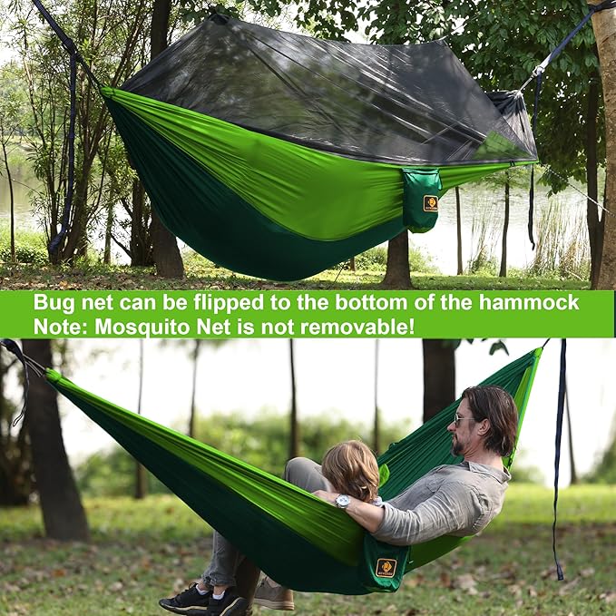 Camping Hammock with NetTravel Portable Lightweight Hammocks with Tree Straps and Solid D-Shape CarabinersParachute Nylon Hammock for Outsides Backpacking Beach Backyard Patio Hiking