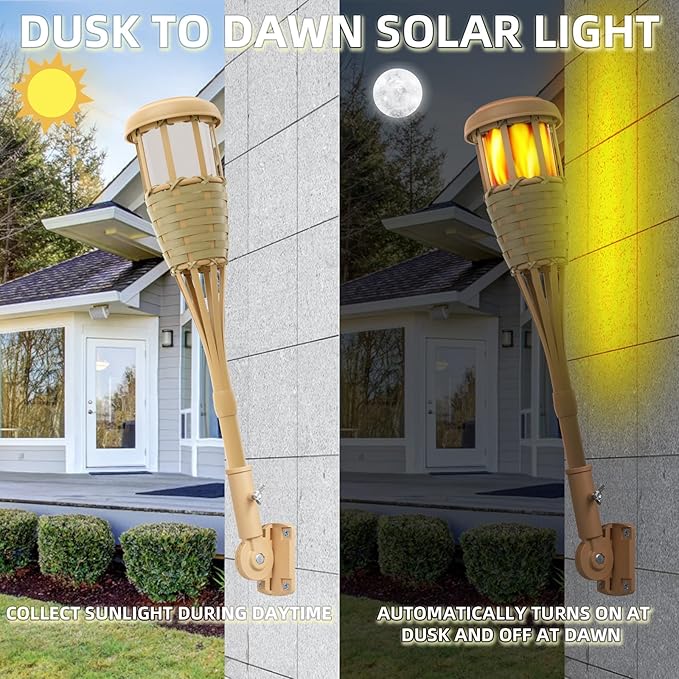 Upgraded Flickering Flames Solar Powered Lights - Solar Torches Waterproof Outdoor Decorative Lighting Handmade Bamboo Finish 2-Pack