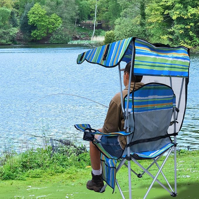 Camping Chair with Canopy Shade Adjustable Portable Folding Camping Chair with Cup Holder &amp Side Pocket for Beach Fishing Camping- Support 330 LBS (Streak)