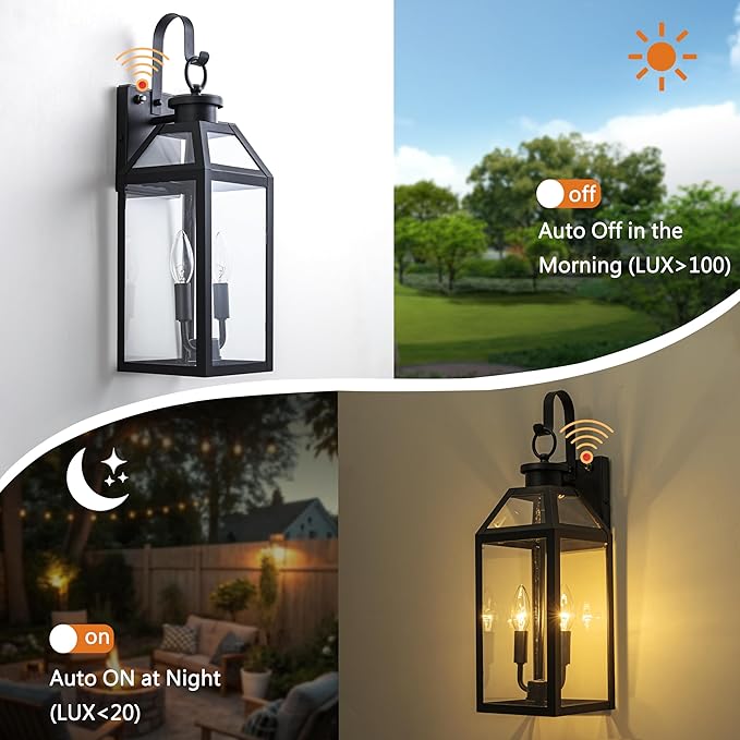20 Dusk to Dawn Outdoor Wall Light with Sensor - Waterproof Exterior Wall Sconce for Porch Patio Garage Front Door Balcony Entry Modern Hardwired Lantern in Black Metal &amp Glass 2 Light - 2 P