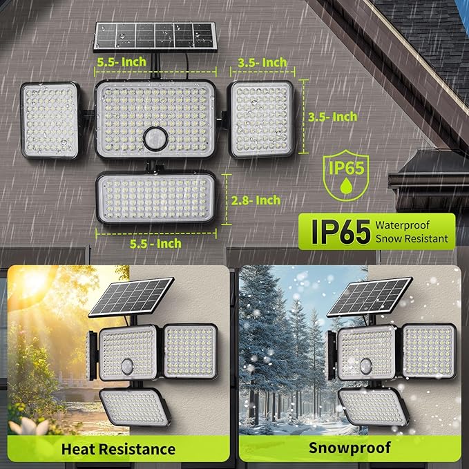 4PC 3000LM Solar Flood Lights Outdoor with Upgrade Solar Panel 4 Head Motion Sensor Lights Flood Light with Extension Cord