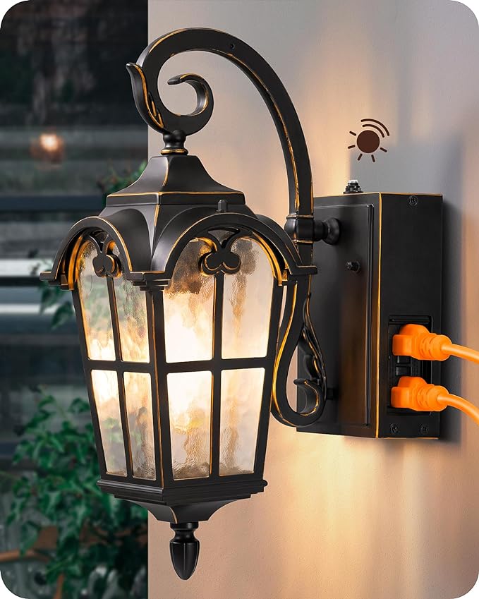 EDISHINE 2 Pack Dusk to Dawn Outdoor Wall Lights Porch Lights with GFCI Outlet Retro Black Outdoor Wall Lantern Waterproof Outside Exterior Light Fixture for Front Door Patio Garage E26 Socket