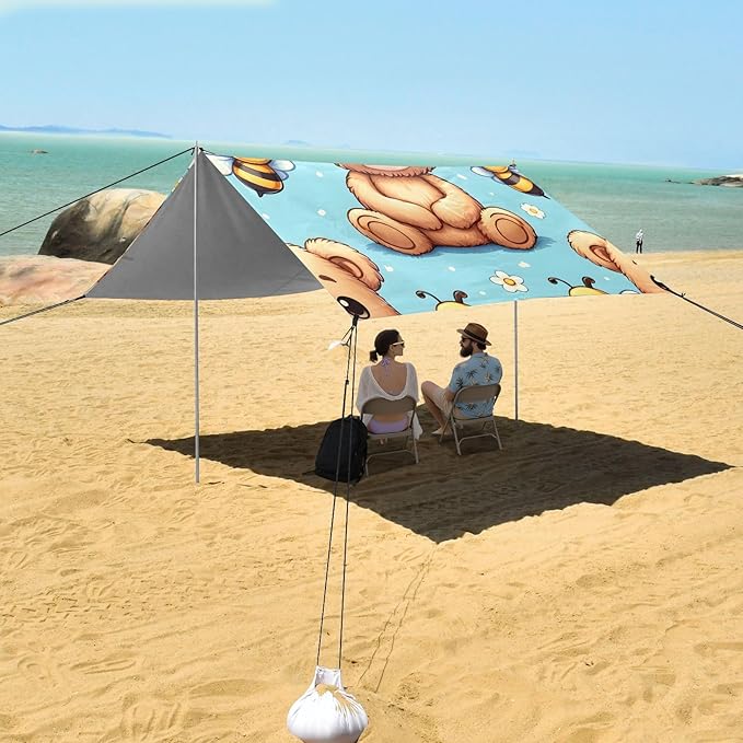 Cute Teddy Bear Sit with Bee on Blue Background Camping Sun Shelter Beach Tent Portable Beach Sun Shade Outdoor Canopy for Camping Trips Fishing Picnic