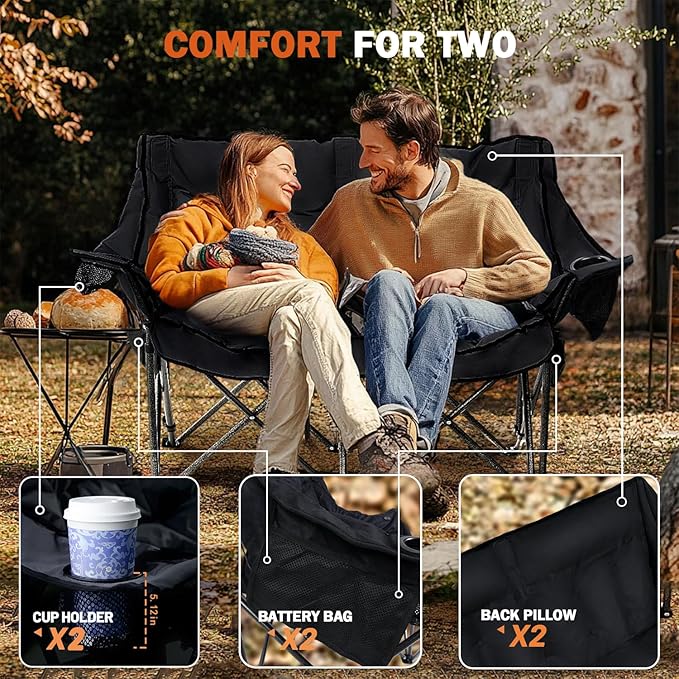 Double Heated Camping Chair Fully Padded Oversized Loverseat Camping Chair w/ 2 x Cup Holder Pillow 2 Person Camping Couch for Outdoor Patio Supports 600lbs Black No Power Bank