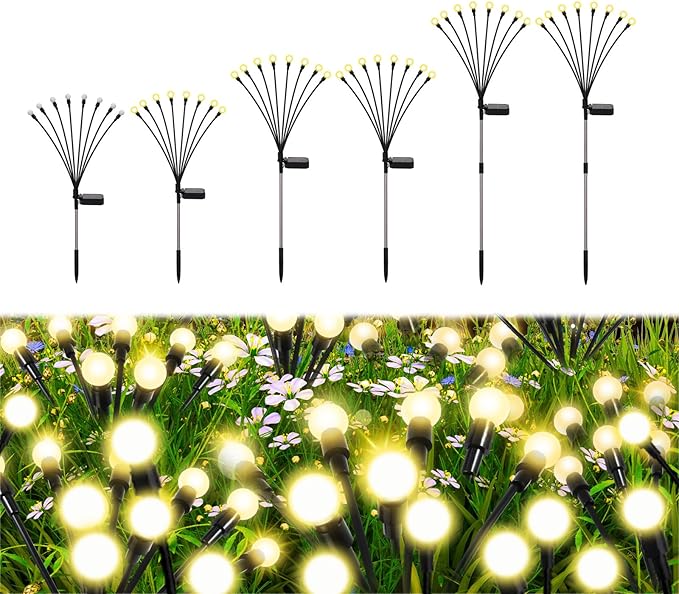 Firefly Lights Solar Outdoor 8 Modes 800mAh Swaying Solar Firefly Garden Lights Stakes Outdoor Waterproof for Outside Yard Patio Plant Christmas Holiday Garden Decor Warm White(6 Pack)
