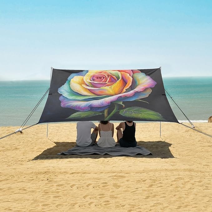 ALAZA Rainbow Rose Flower Watercolor Beach Tent Sun Shelter UPF50+ Protection Beach Shade Canopy w/ 4 Sandbags for Outdoor Camping Fishing Backyard Fun Picnic 10x9 ft