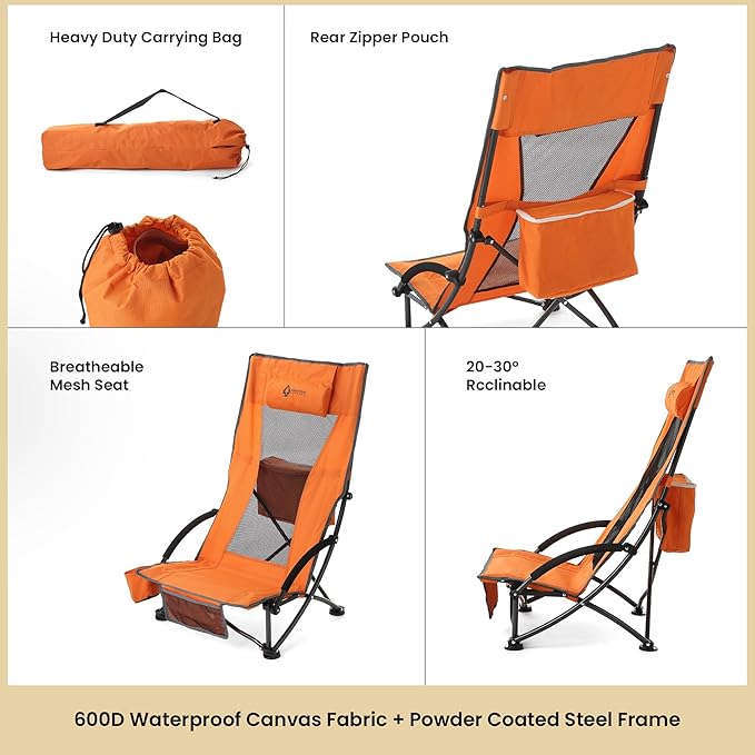 ARROWHEAD OUTDOOR 2-Pack Low Seating + 20° Reclining Folding Beach Chair w/Padded Headrest Foam Armrest Cup Holder Carry Bag 300 LBS Weight Capacity