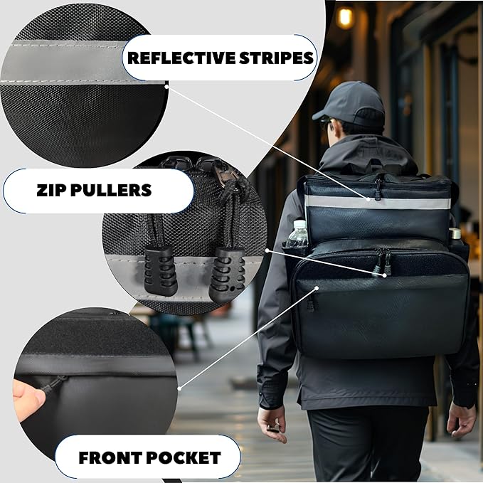 Insulated Food Delivery Backpack made with Expandable 1680D commercial-grade fabric features customizable Velcro patch area for branding ideal for bike deliveries Uber Eats DoorDash Grubhub