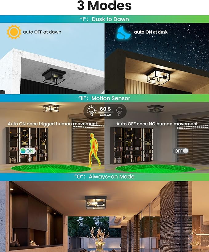 Outdoor Ceiling Light with Motion Sensor Flush Mount Porch Light Exterior Light Fixture with Clear Glass Dusk to Dawn 2-Light Fixture for PatioPorch (10.5 in)