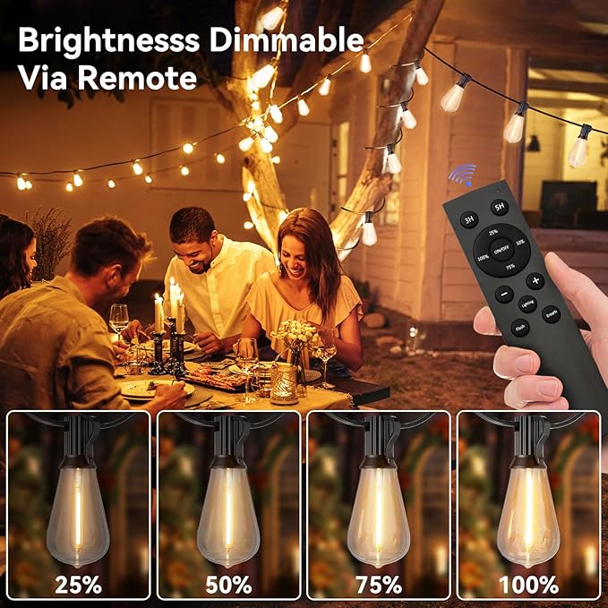 100 FT Solar String Lights Outdoor Waterproof with Remote &amp USB Port Solar Power Patio Hanging Lights with Dimmer Shatterproof LED Edison Bulb Outdoor String Lights for Outside Cafe Yard Fence
