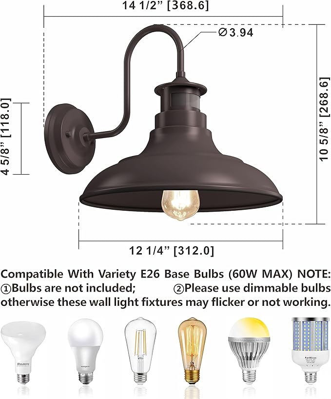 2 Pack Farmhouse Gooseneck Wall Sconce Barn LightsMotion Sensor and Dusk to Dawn Outdoor Wall Mount Lighting Fixtures3 Modes Exterior Porch Light IP65 Waterproof E26 Matte Brown Wall Lamp for Patio