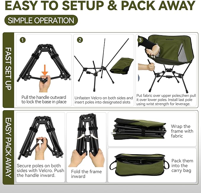 MARCHWAY Lightweight Folding Camping Chair Portable Foldable Compact for Outdoor Camp Travel Beach Picnic Festival Hiking Backpacking Supports 330Lbs (Green)