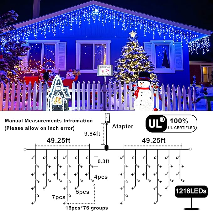 Icicle Christmas Lights Outdoor 99ft 1216 LED Icicle Lights for Outside 8 Modes with 228 Drops Waterproof Plug in Blue Christmas Light for House Indoor Party Holiday Wedding Halloween Decorations