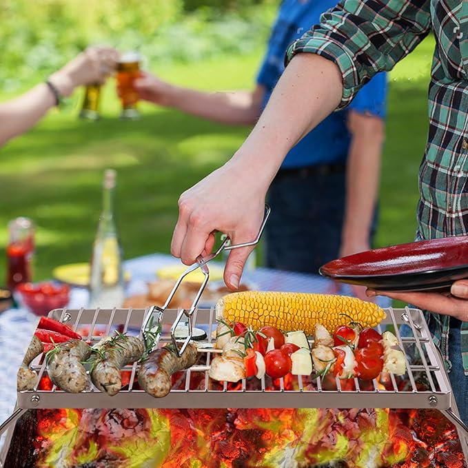 REDCAMP 13.6 Small Folding Campfire Grill 304 Stainless Steel Firepit Grill Grate Heavy Duty Portable Camping Grill with Carrying Bag for Outdoor Cooking Backpacking Hiking Picnics BBQ