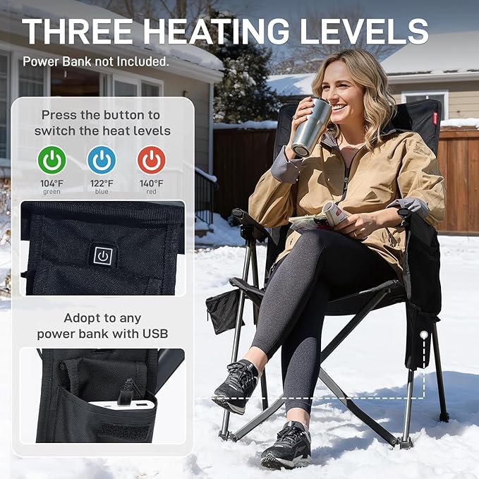 EVER ADVANCED Heated Reclining Camping Chairs for Adult Lightweight Portable Compact Folding Chair with Adjustable Back Portable Lawn Chair for Patio Balcony Supports 350lbs Black