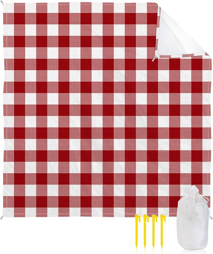 Beach Blanket Waterproof Sandproof Vintage Red White Checker Plaid Quick Drying Beach Mat with 4 Stakes Farmhouse Buffalo Check Lightweight Picnic Blanket for Travel Camping Outdoor 95x80