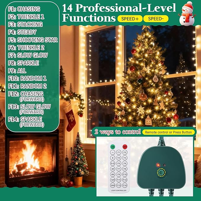 Christmas Light Controller with Remote Create Dazzling Lighting Displays with Multiple Functions Timer Dusk to Dawn Sensor Adjust Speed for Holiday Xmas Lights(3 Channel 14 Functions)