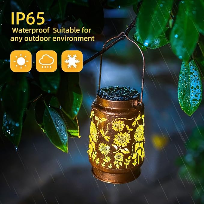 Dragonfly Solar Lanterns Outdoor Waterproof Sunflower Solar Lights Birthday Christmas Gifts for Women Mom Metal Hanging Decorative LED Lantern Outside for Garden DecorYardPatioPorchLawnBackyard