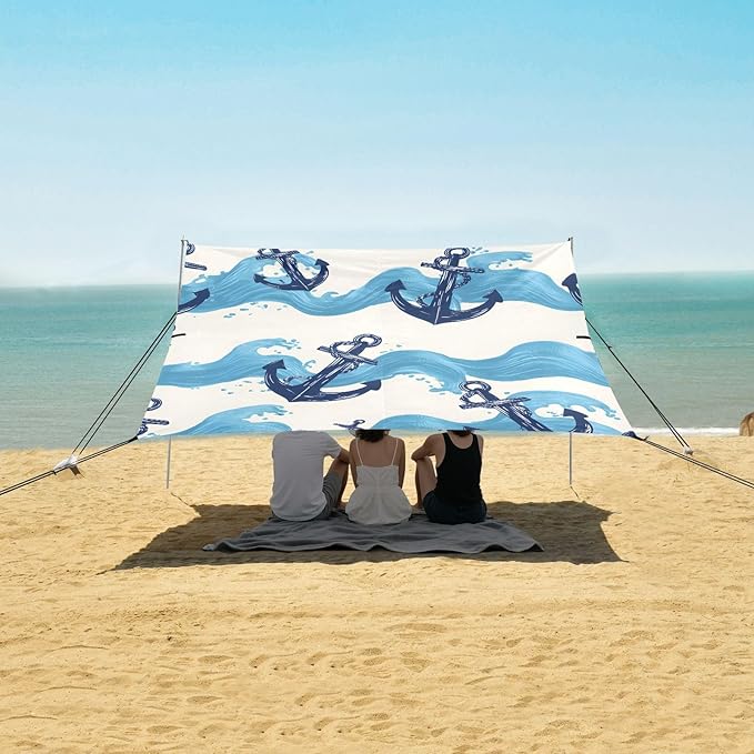 Bolaz Beach Canopy Tent Sun Shade9'×10.5' Large Family Beach Shade UPF50+- Outdoor Shade for Camping Trips FishingWave Boat Anchor Pattern