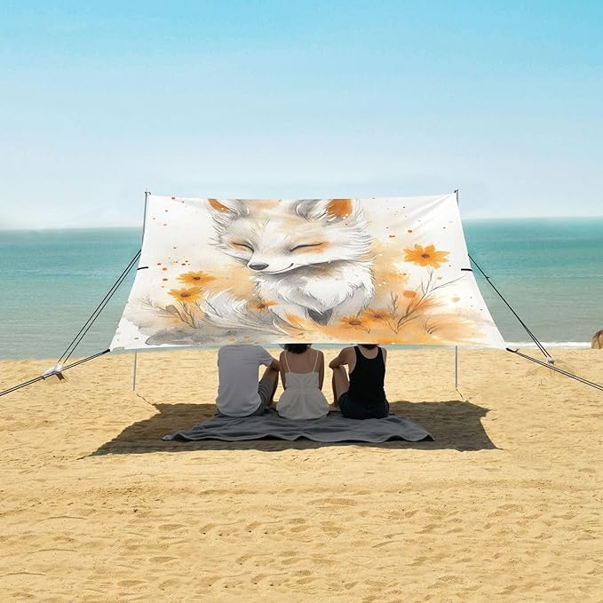 ALAZA Cute White Fox Beach Tent Sun Shelter UPF50+ Protection Beach Shade Canopy w/ 4 Sandbags for Outdoor Camping Fishing Backyard Fun Picnic 10x9 ft
