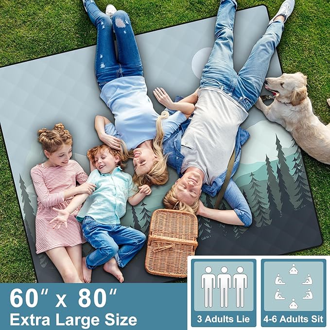 60x80 Waterproof Picnic Blankets Outdoor Sandproof Beach Blanket Foldable Big Ground Grass Mat Family Tent Camping Rug Backpacking Hiking Essentials Gifts Rv Car Travel Roadtrip Must Have