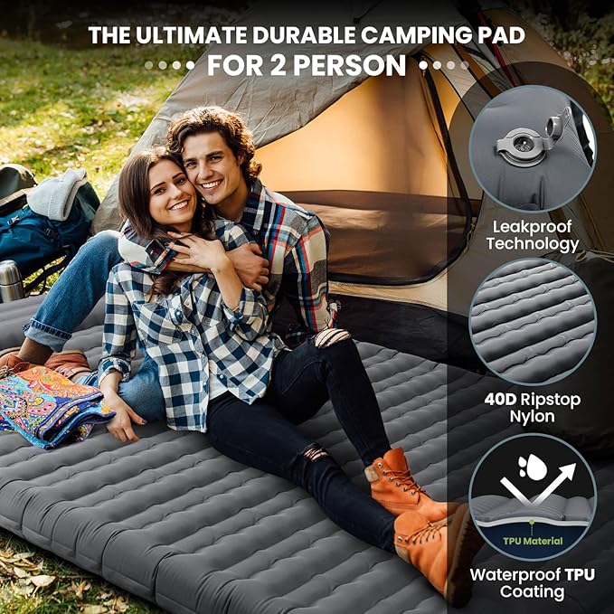 Double Sleeping Pad 4.7“ Ultra-Thick Camping Mattress 2 Person for Backpacking Hiking(Grey)