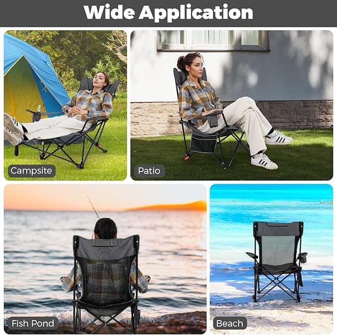 Goplus Camping Lounge Chair w/Detachable Footrest Folding Beach Chair w/4-position Backrest Carrying Bag Removable Pillow Cup Holder Storage Pouch Reclining Chair 330LBS Capacity (Grey1)