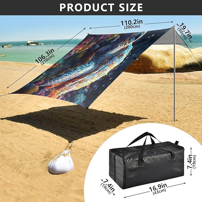 ALAZA Sea Turtle Corals Beach Tent Sun Shelter UPF50+ Protection Beach Shade Canopy w/ 4 Sandbags for Outdoor Camping Fishing Backyard Fun Picnic 10x9 ft