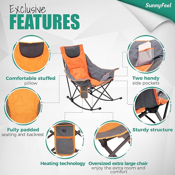 SUNNYFEEL Oversized Heated Rocking Camping Chair 2 Pack Fully Padded Patio Chair with Side Pocket High Back Portable Lawn Recliner with Carry Bag Outdoor Rocker Chair for Adults Heavy Duty 500 LBS