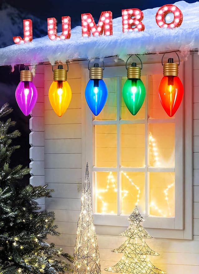 Brightown Jumbo C9 Christmas Lights Outdoor Decorations Lawn with Pathway Marker Stakes 8 Feet LED Lights Covered Jumbo Multicolored Light Bulb for Holiday Outside Yard Garden Decor 5 Lights