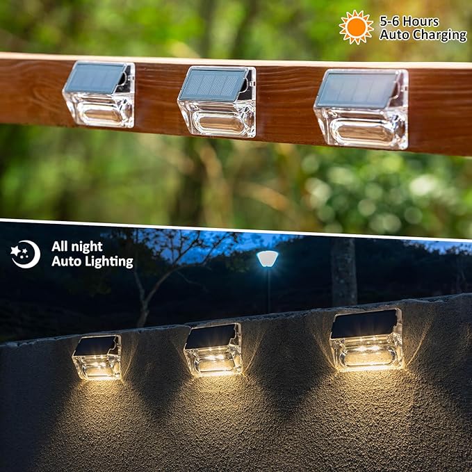 Solar Outdoor Lights 12 Pack Solar Fence Lights Deck Lights Waterproof Solar Powered Outside Lighting for Step Railing Wall Pool Stair Yard Garden Patio Pool Decorations (Warm White)