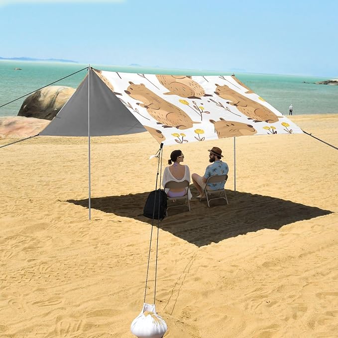 Cute Capybara Flowers Camping Sun Shelter Beach Tent Portable Beach Sun Shade Outdoor Canopy for Camping Trips Fishing Picnic